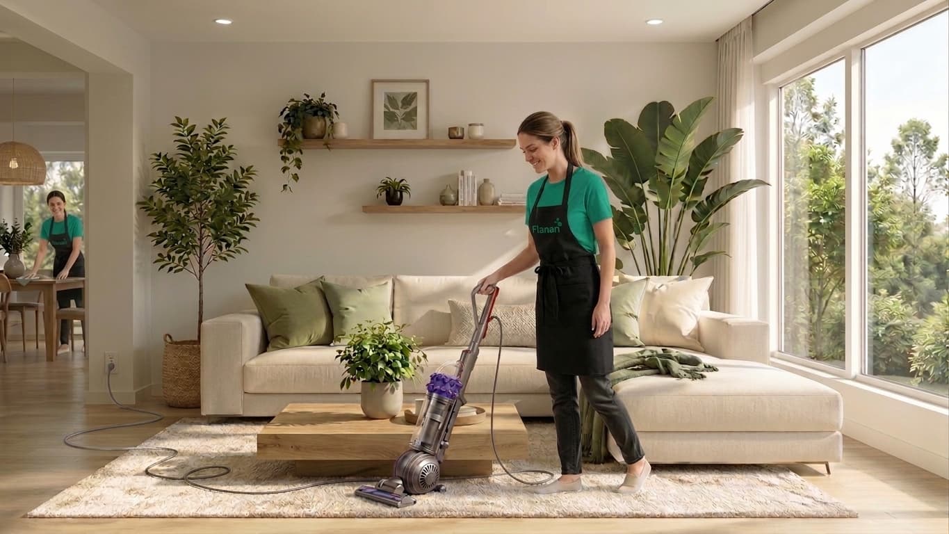 Flanan cleaning professional vacuuming a living room in Maryland, Virginia or DC